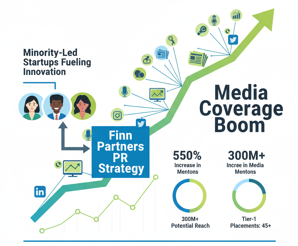 Minority tech PR success demonstrated in Finn Partners case study infographic.