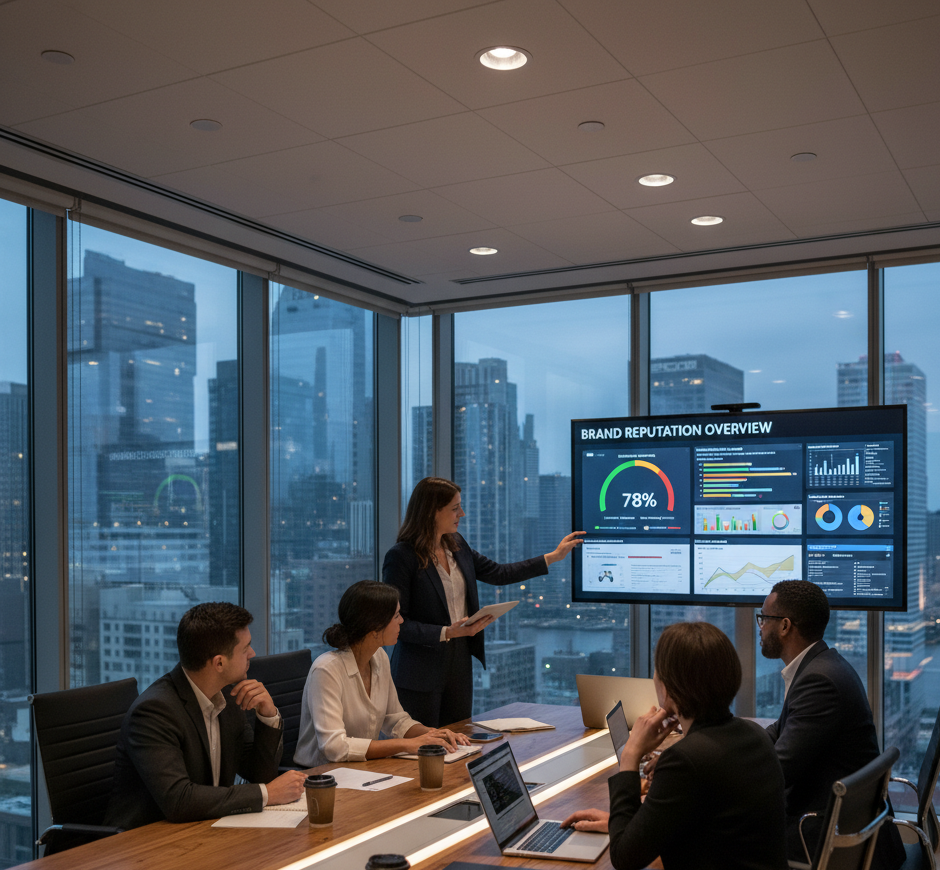 Corporate communications professionals analyzing brand reputation dashboards in a modern office