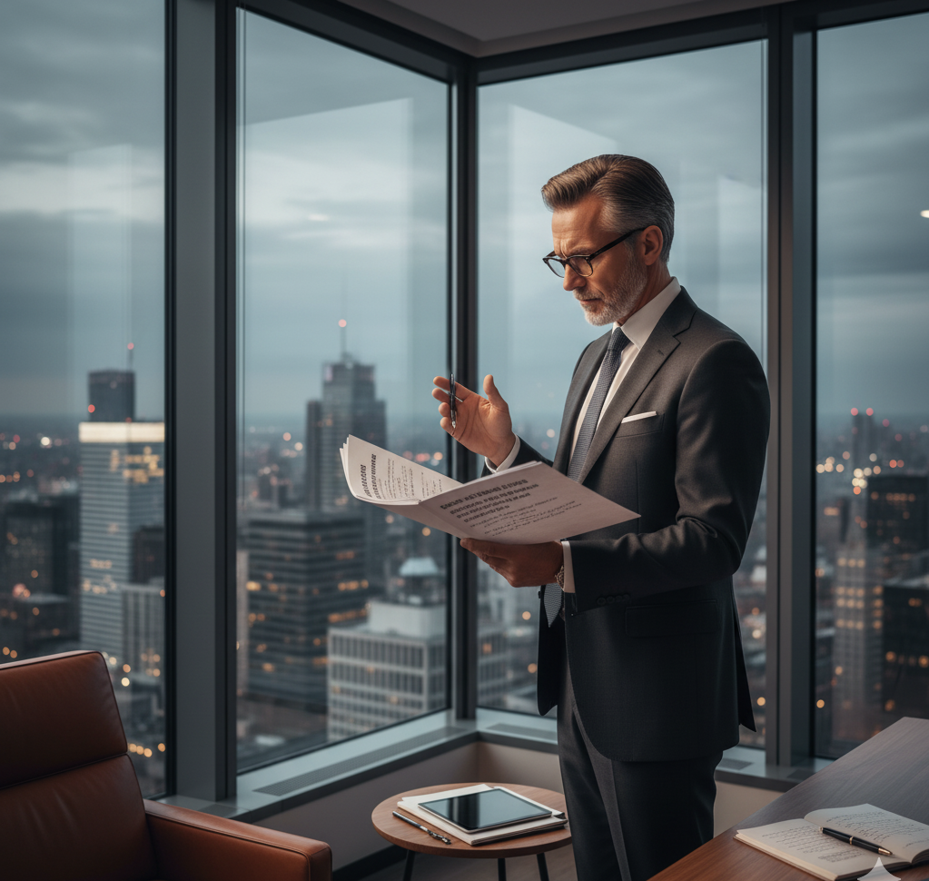 Corporate strategist viewing holographic data displays showing the future of communications strategy