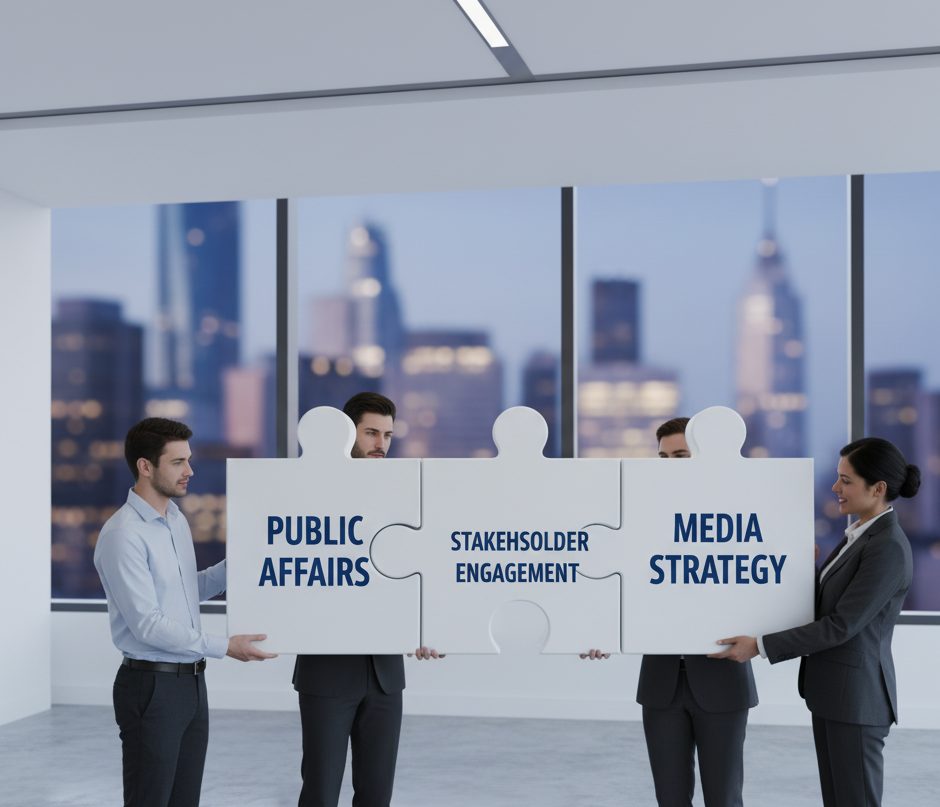Business team connecting puzzle pieces labeled Public Affairs, Stakeholder Engagement, and Media Strategy to illustrate integrated PR services
