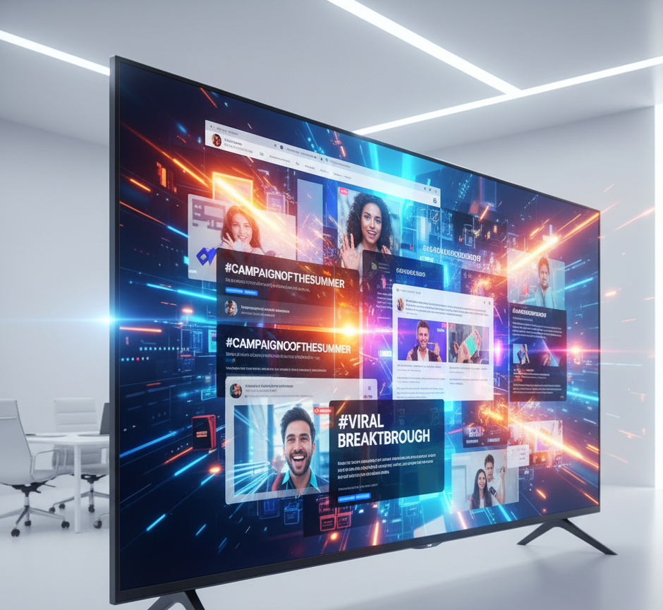 Creative PR director presenting global campaign success metrics and media impact visuals