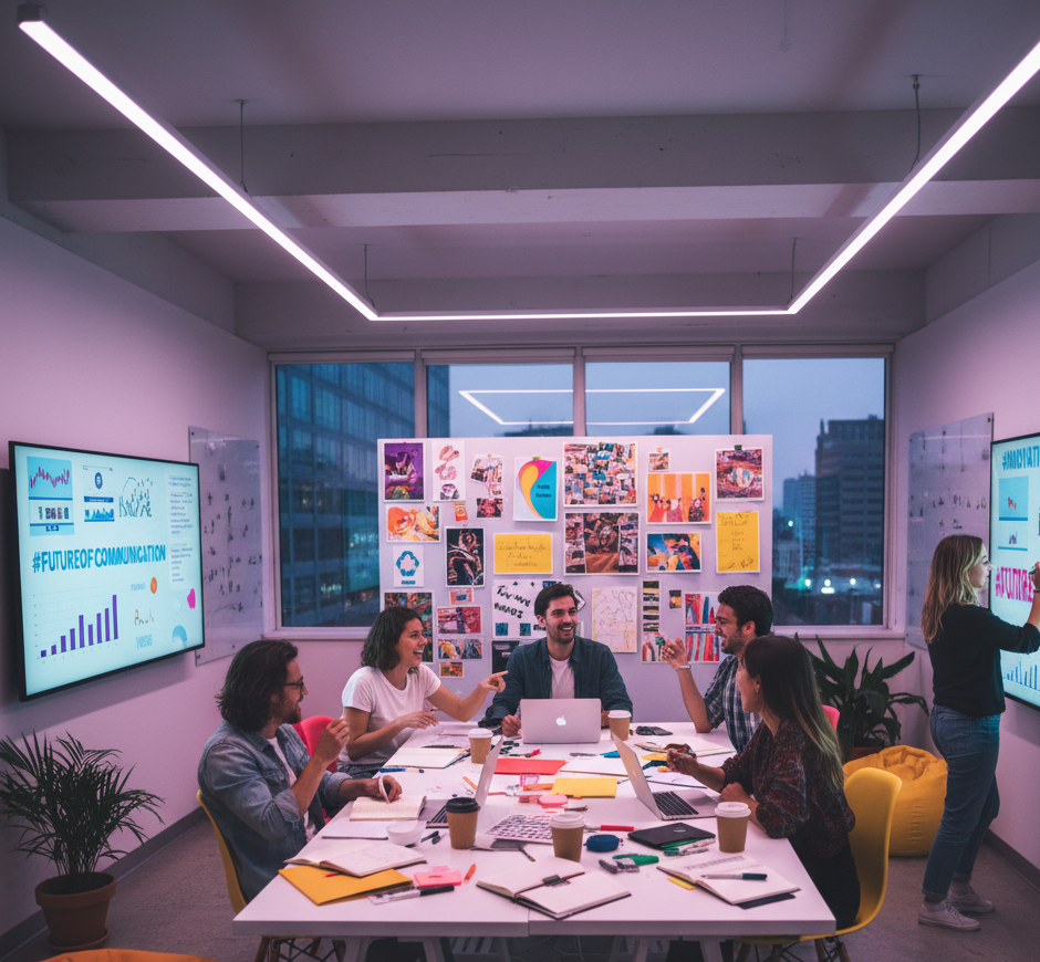 Creative PR team brainstorming viral campaign concepts in a modern agency workspace