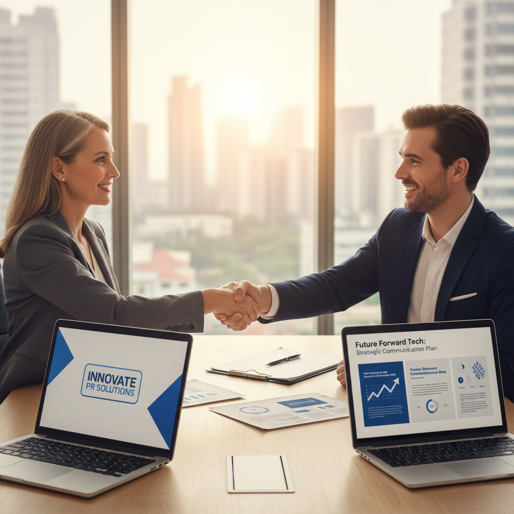 PR consultant and tech startup CEO shaking hands, representing successful strategic partnership