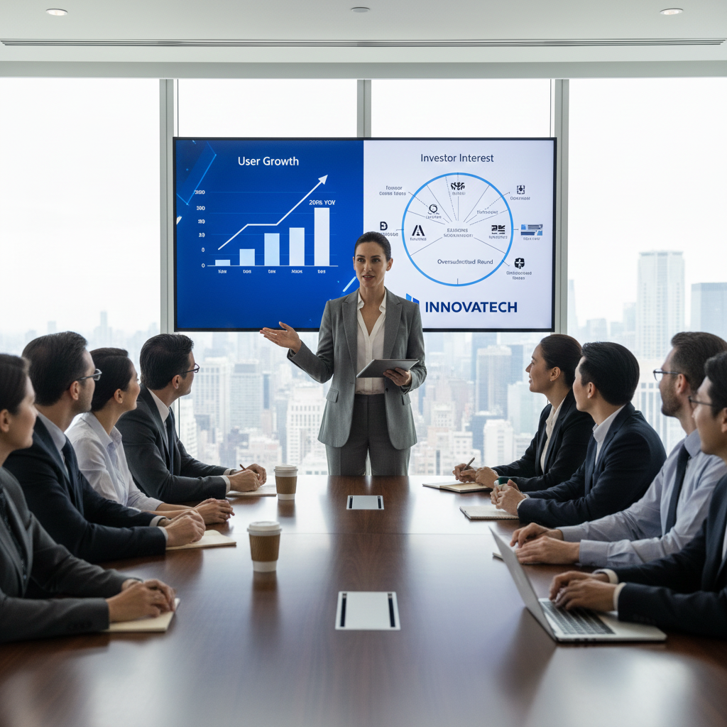 Tech company founder presenting IPO strategy to investors during a roadshow meeting