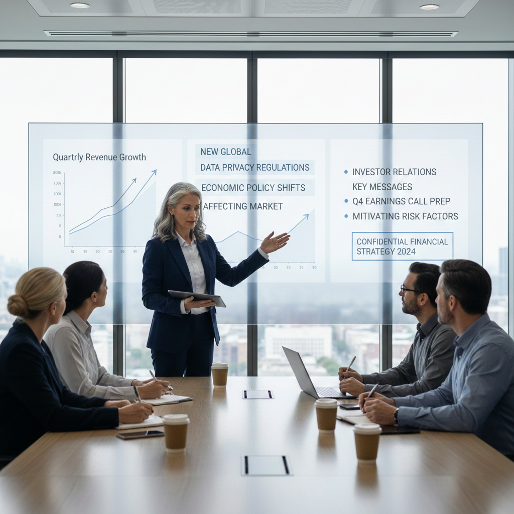 A modern New York office scene with professionals discussing tech communications strategy; city skyline and tech startup elements subtly visible.