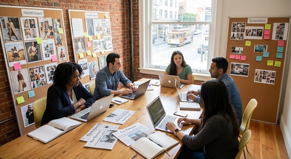 PR professionals collaborating on a consumer brand launch strategy inside a San Francisco agency office.