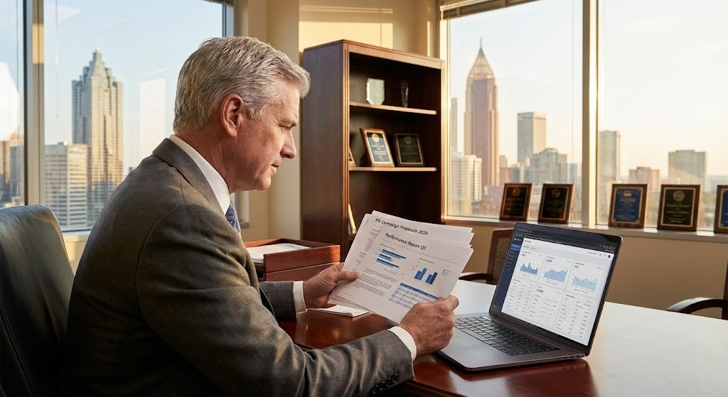Business executive evaluating Jackson Spalding Atlanta PR agency proposal and campaign performance metrics before partnership decision