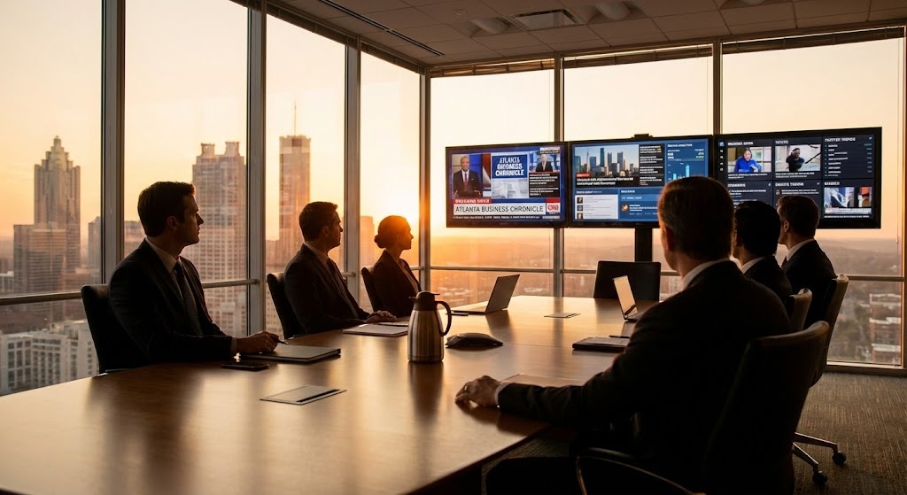 Corporate executives in Atlanta reviewing media coverage and digital communications strategy during high-stakes reputation management discussion
