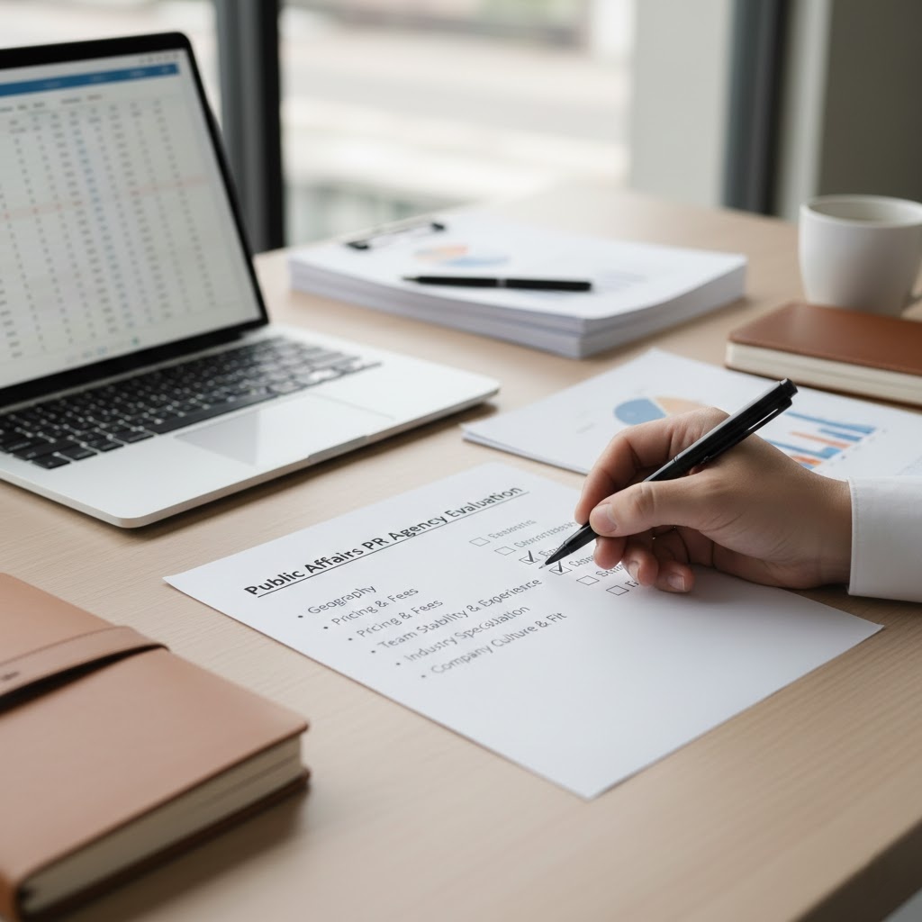 Public affairs PR agency evaluation checklist comparing geography, pricing, and team culture.
