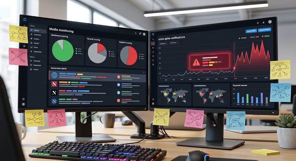 PR professional reviewing AI sentiment analysis dashboard with real-time brand perception data