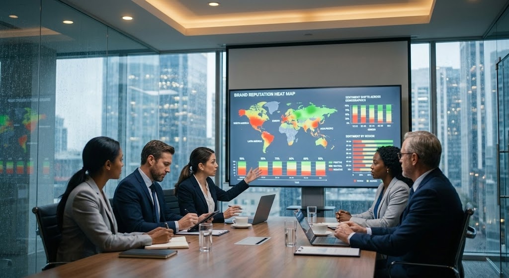 Media monitoring platform displaying AI sentiment scoring and crisis alerts