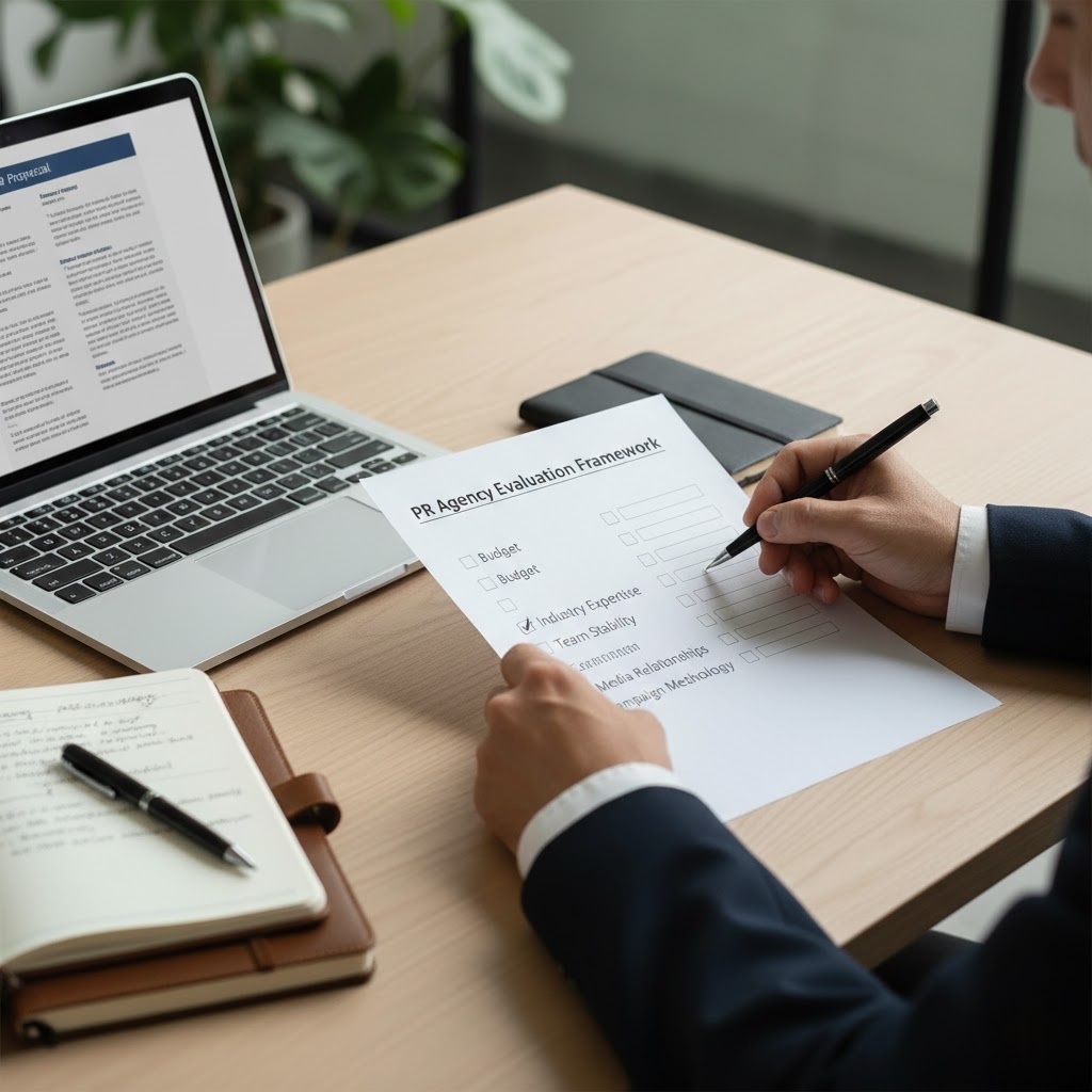 Entrepreneur reviewing PR agency evaluation checklist before selecting a startup PR partner.