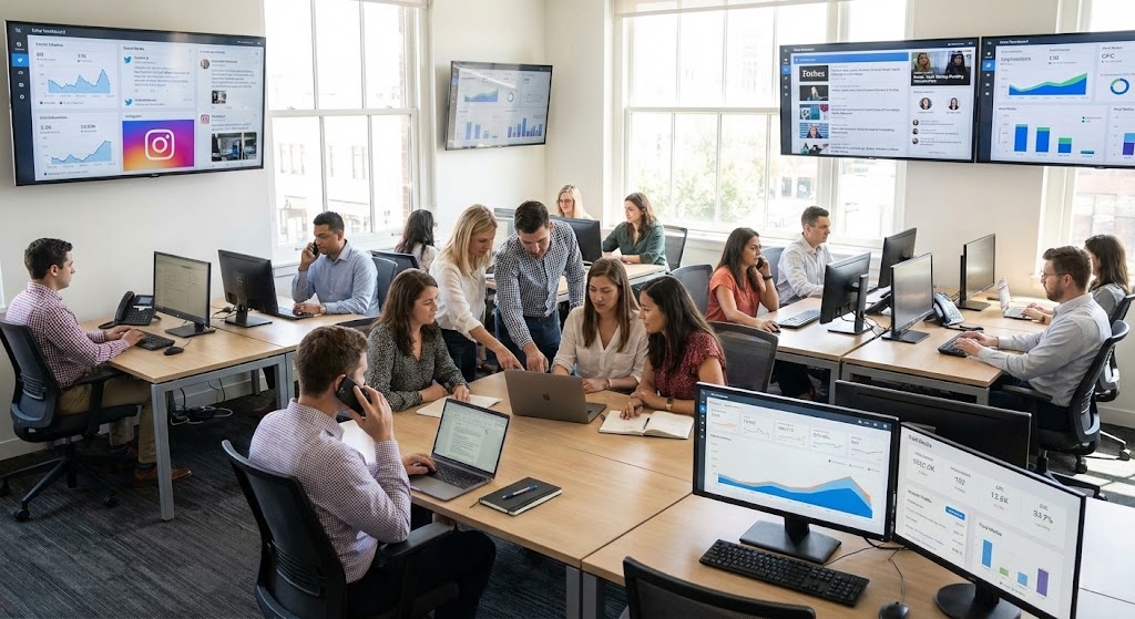 Digital communications PR team managing media relations, social media analytics, and paid campaign dashboards in integrated agency workspace