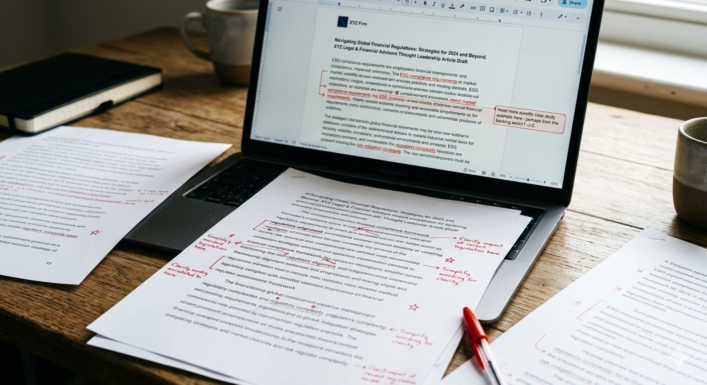 Draft thought leadership content used in professional services PR repositioning