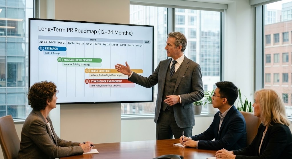 PR consultant presenting 12-month repositioning roadmap strategy