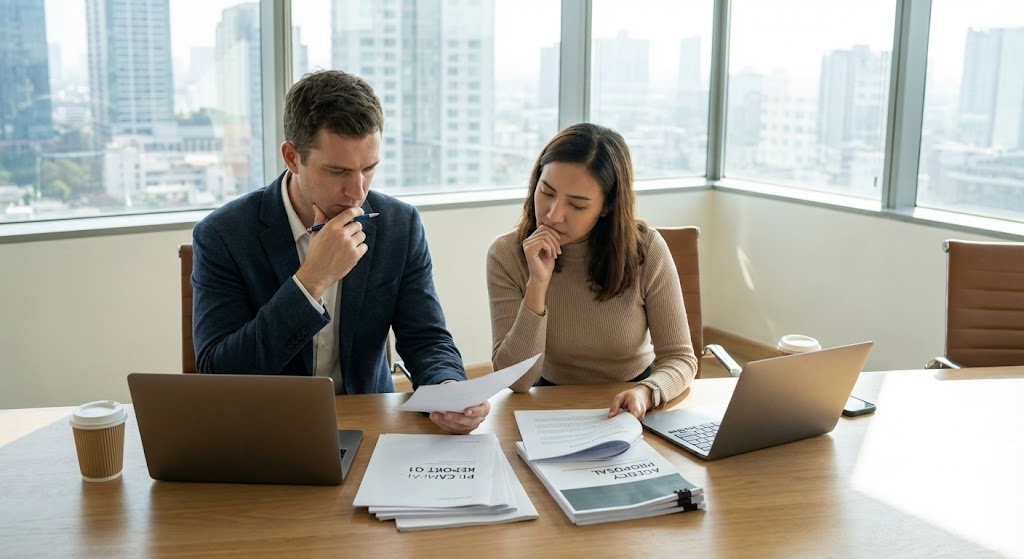 Startup founders evaluating consumer brand launch PR campaign results and agency proposals