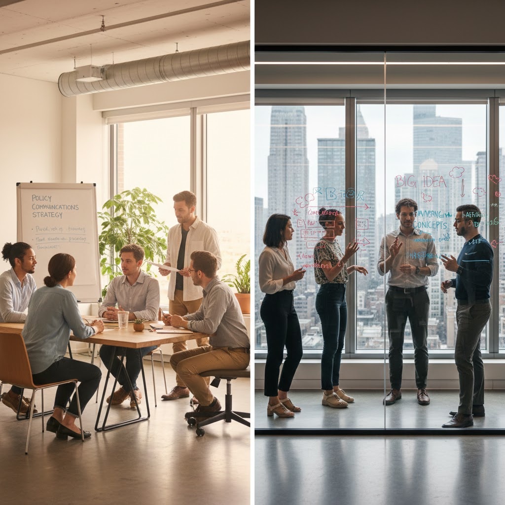 Side-by-side comparison of two PR agency teams with different work styles and environments.