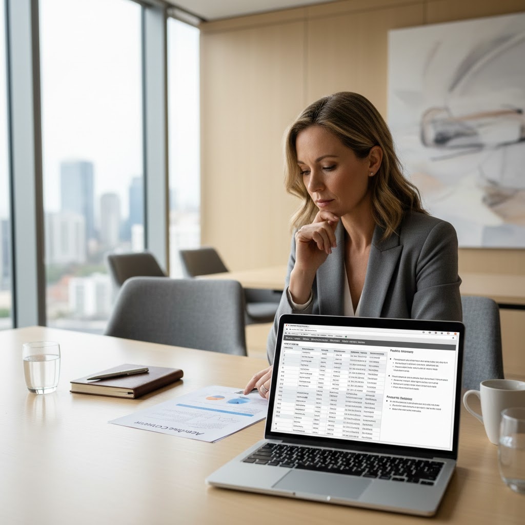 Executive reviewing agency proposals while comparing public affairs PR firms.