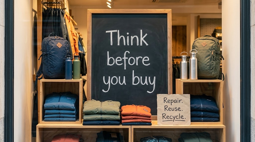 Patagonia-style outdoor brand store window display with 'Don't Buy This Jacket' style anti-consumption message written in chalk on a dark board, surrounded by sustainable outdoor gear