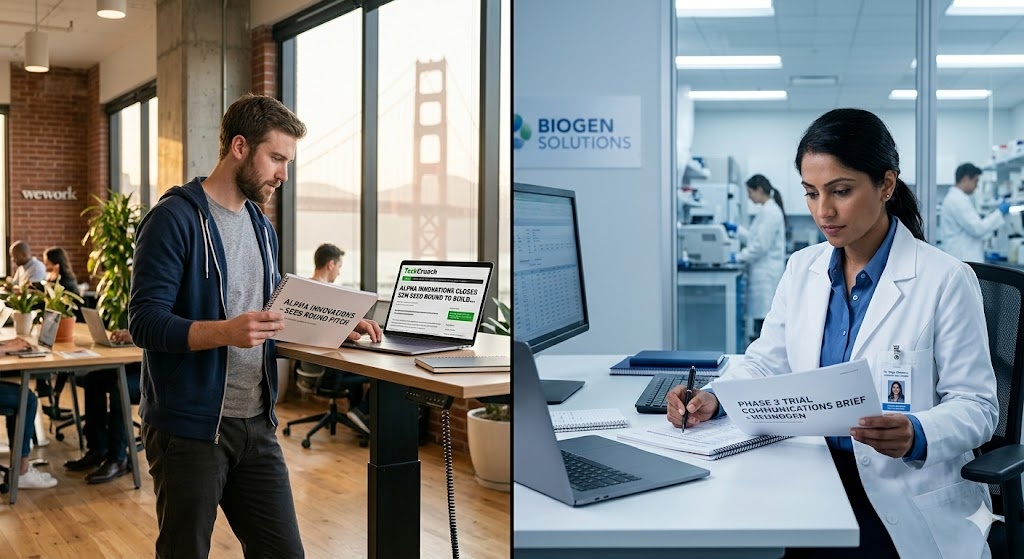 Two startup founders in different settings — one reviewing a tech pitch deck at a San Francisco co-working desk, the other studying a clinical trial brief at a healthcare office, representing the different client worlds of LaunchSquad and Sam Brown 