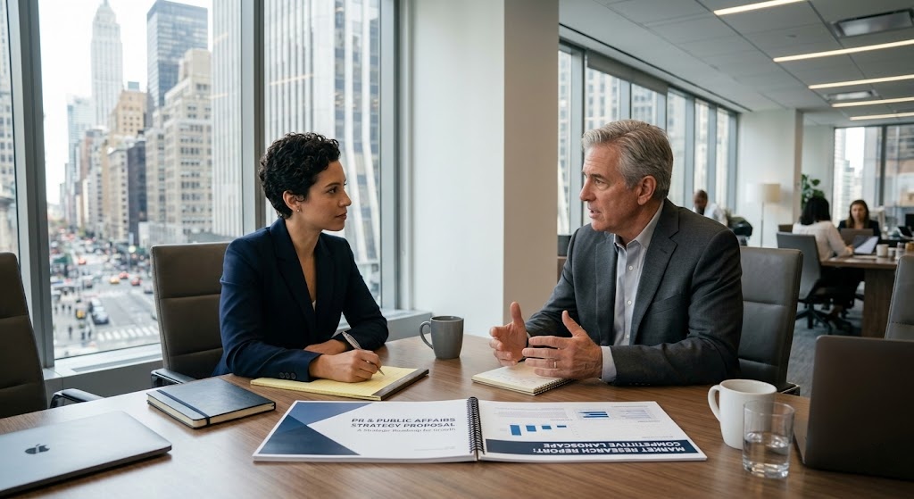 growth-stage company founder receiving candid PR strategy counsel at a New York office meeting table, with printed campaign proposals and research reports visible.