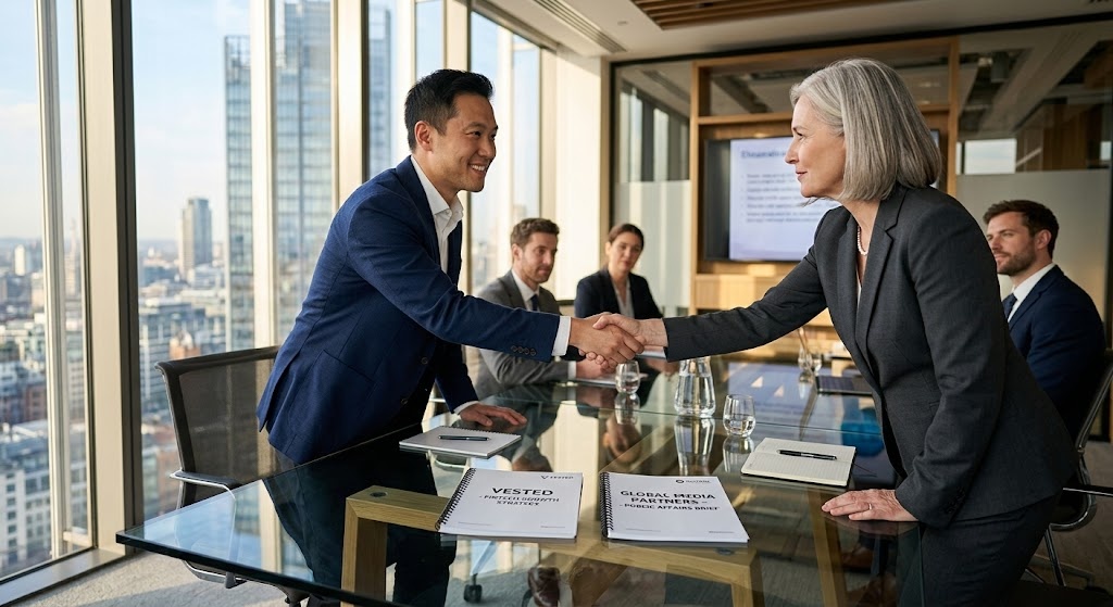 A startup founder shaking hands with a PR agency lead across a conference table, representing the decision to choose the right PR partner