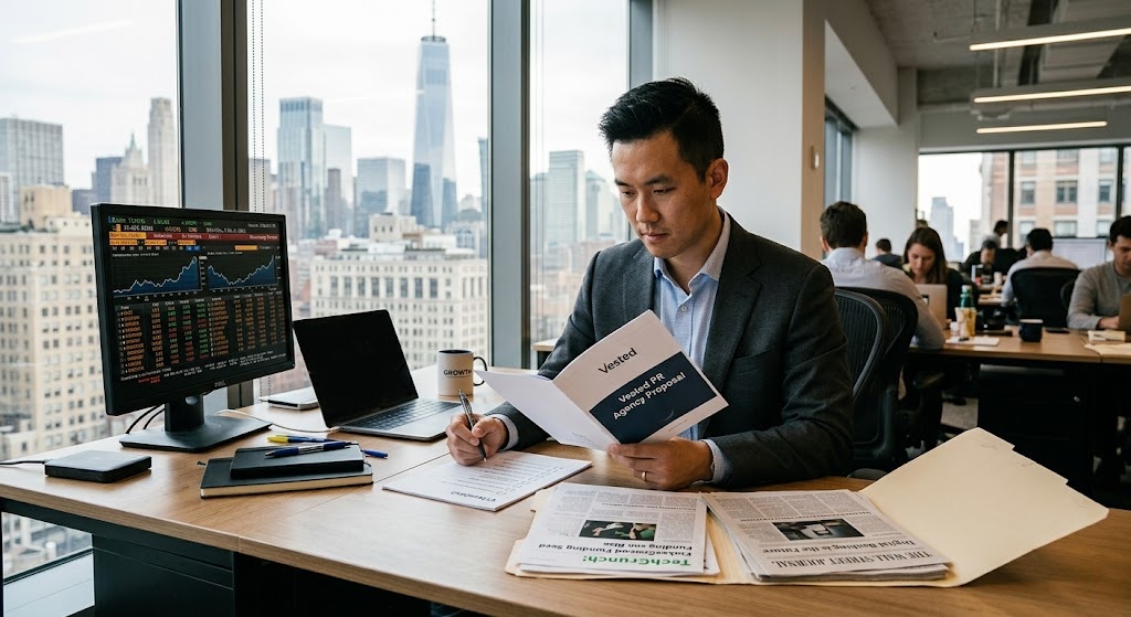Alt text: A fintech startup founder reviewing a Vested PR agency proposal at a New York desk, with Bloomberg Terminal and fintech media clippings visible, deciding whether to engage the agency.