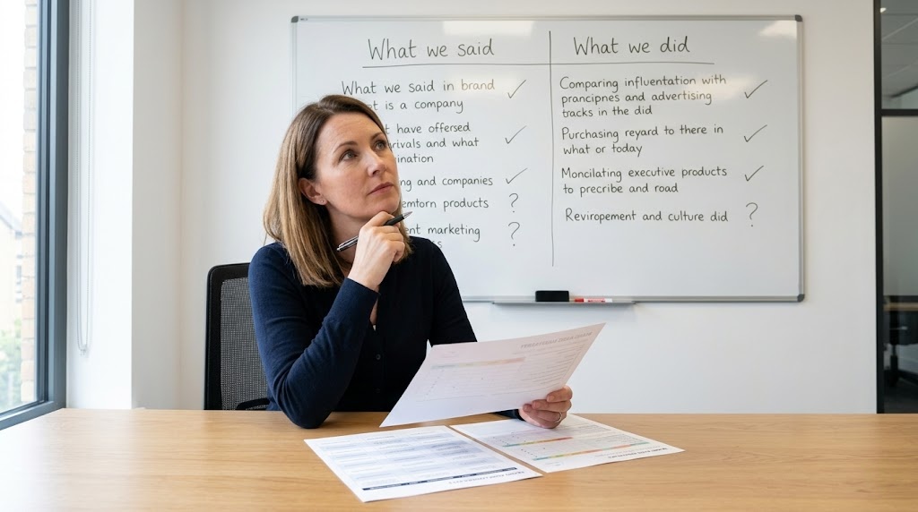 A communications director reviewing a brand values audit document at a desk, with a whiteboard behind her showing 'What we said vs What we did' — representing the foundation of authentic purpose-driven