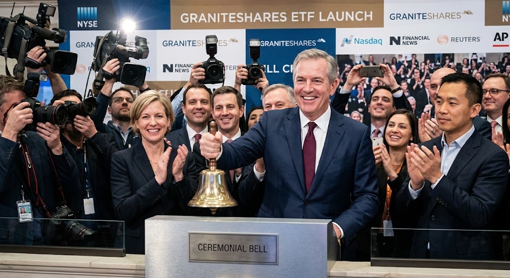 GraniteShares CEO ringing a ceremonial bell at a financial exchange surrounded by media and investors — representing B2B PR milestone coverage.