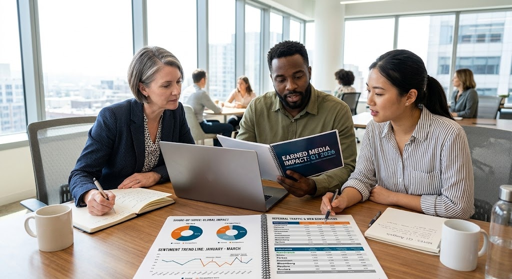 A PR team reviewing a completed earned media measurement report showing share-of-voice, sentiment trends, referral traffic attribution, and brand trust scores in a quarterly review meeting