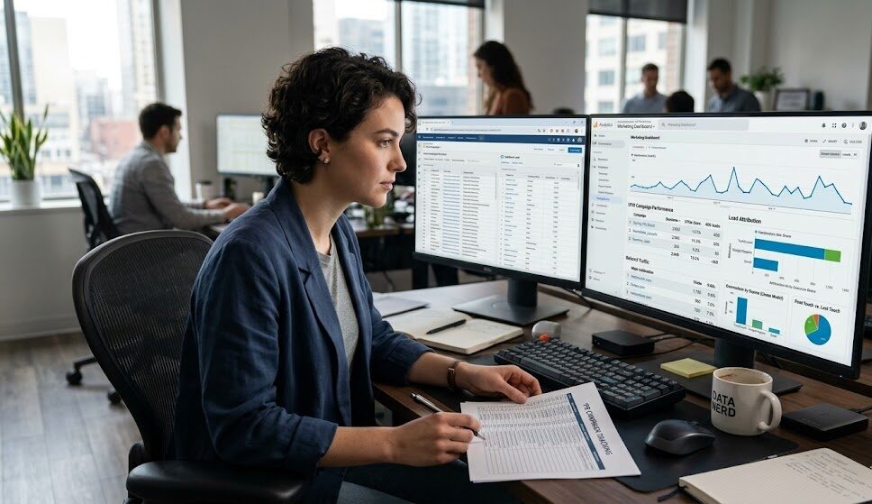 Executive reviewing PR campaign analytics and brand repositioning results.