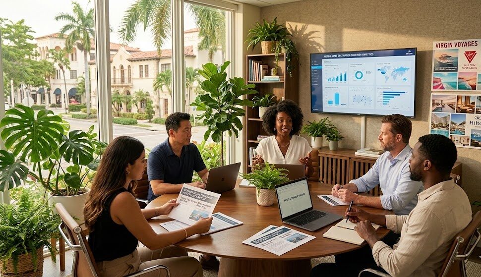 rbb Communications Miami hospitality PR team reviewing a hotel campaign strategy in a bright Coral Gables office