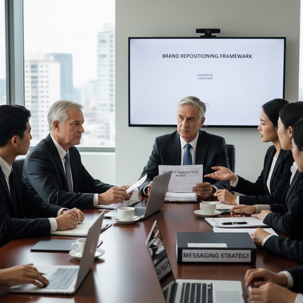 PR consultants presenting brand repositioning strategy to technology company executives.