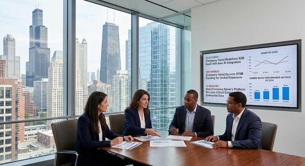 Corporate strategy team reviewing B2B research data and PR alignment metrics during planning session.