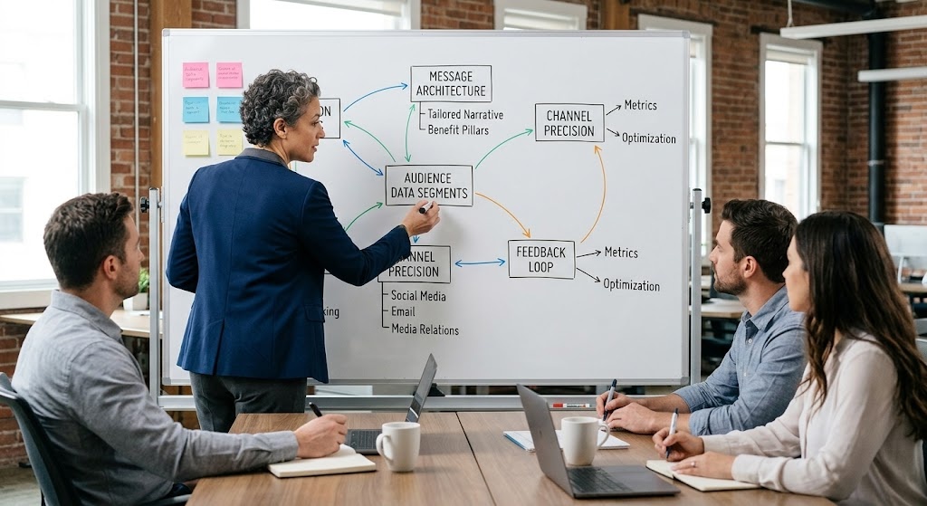 A PR strategist at a whiteboard mapping out a hyper-personalized campaign framework with audience data segments, channel strategies, and tailored message flows connected by colored arrows