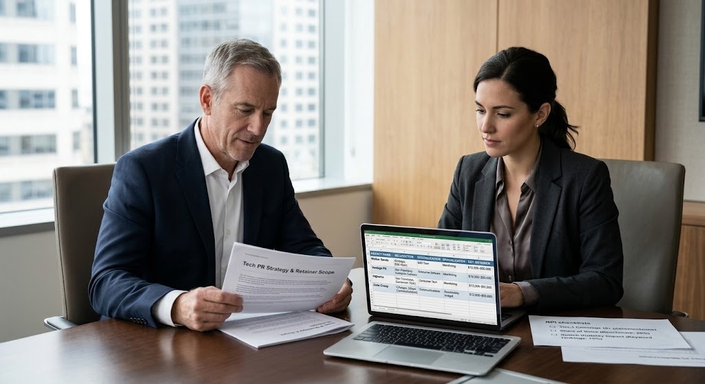 CEO and marketing leader evaluating tech PR agency proposal and performance metrics in boardroom