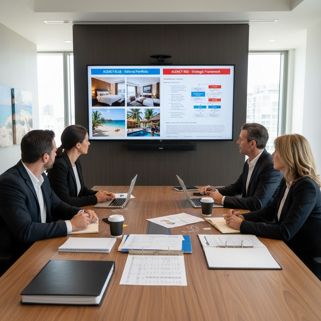Executives comparing two PR agencies during corporate selection process.