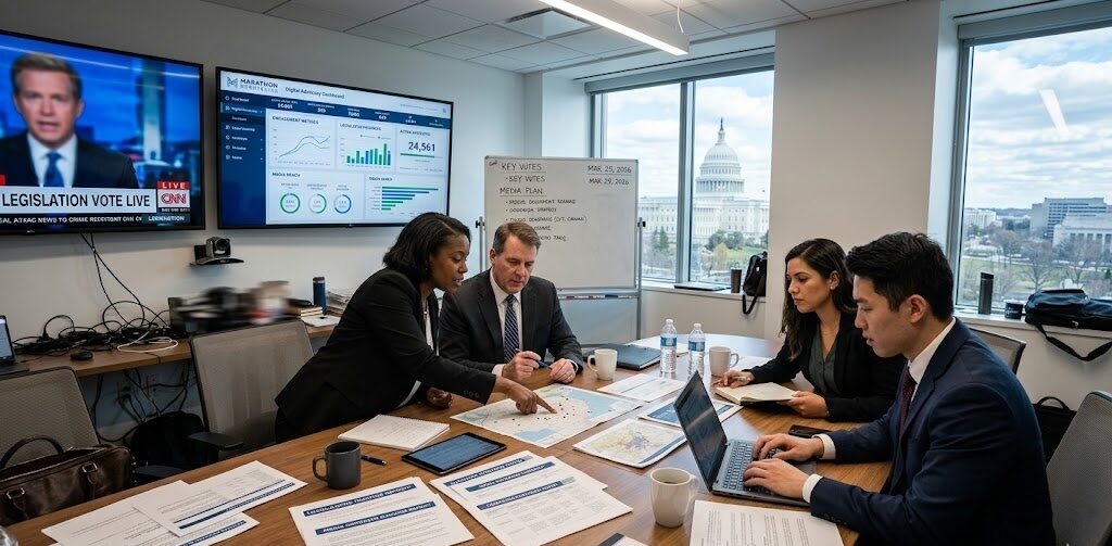 A Marathon Strategies-style public affairs campaign war room in Washington DC, with team members reviewing media coverage and legislative tracking dashboards on multiple screens.