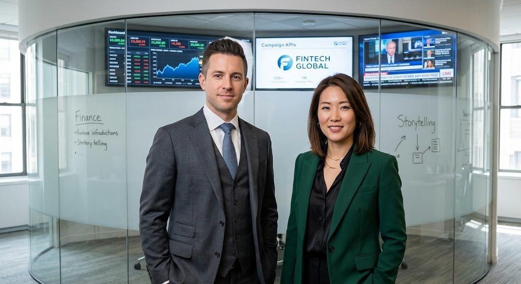 Vested PR agency co-founders Dan Simon and Binna Kim style portrait of two financial communications leaders in a modern New York office with fintech client work visible on screens behind Image prompt: