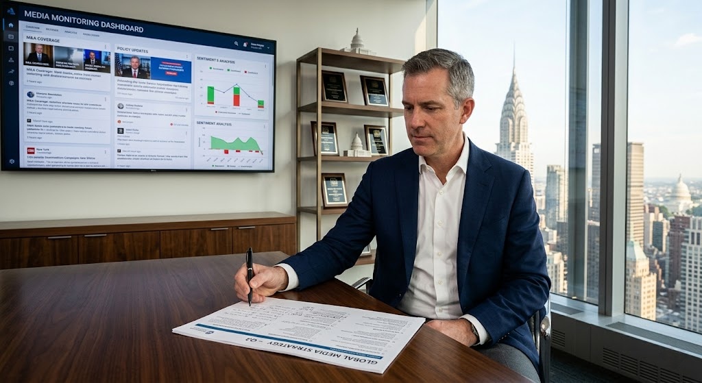 Phil Singer-style senior PR strategist reviewing a public affairs campaign brief at a modern New York office desk, with Washington DC and New York Cityscape visible in the background.