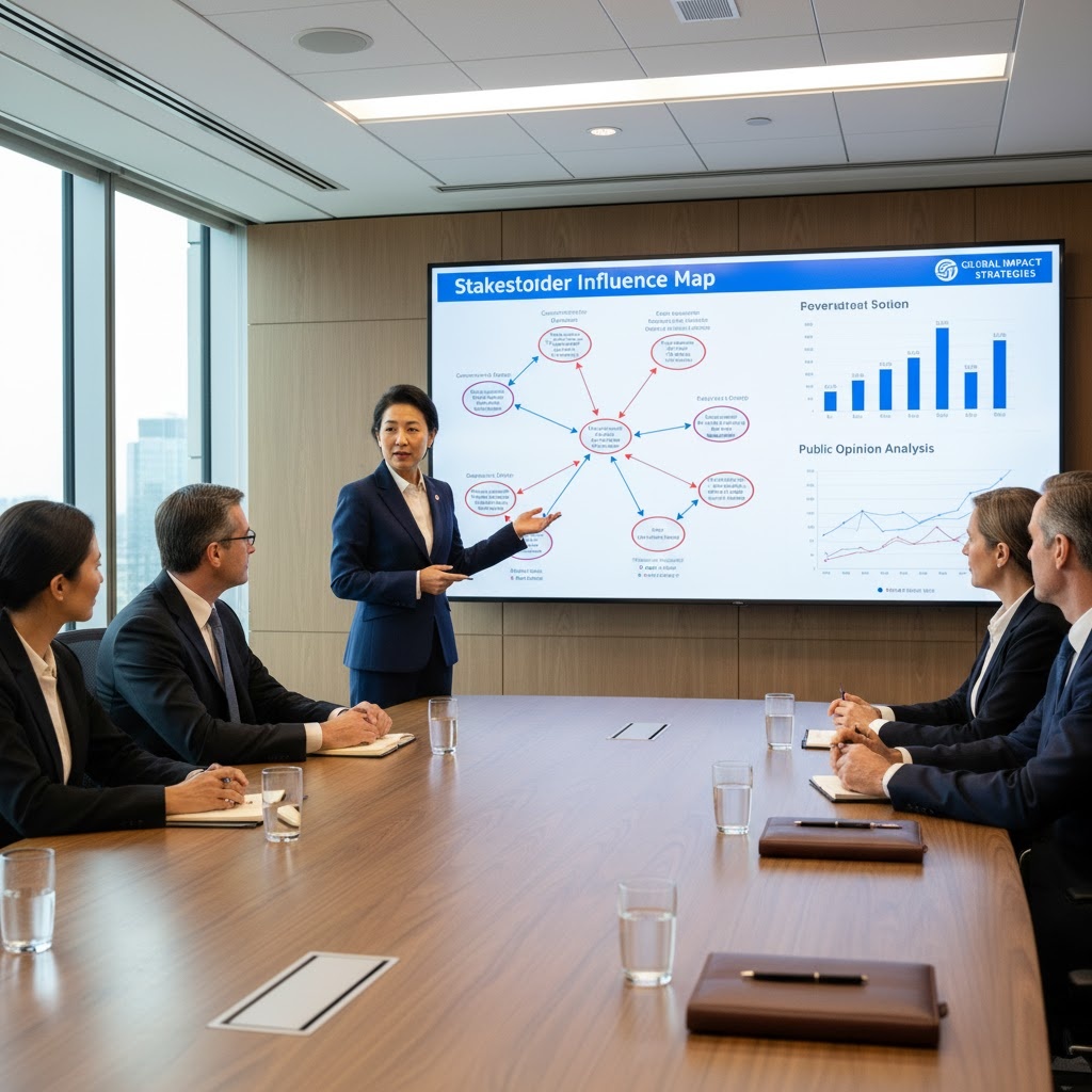 PR advisor presenting public affairs strategy and stakeholder mapping to executives.