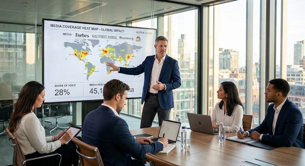 B2B PR strategist presenting thought leadership campaign results on a screen to a corporate client team in a conference room.