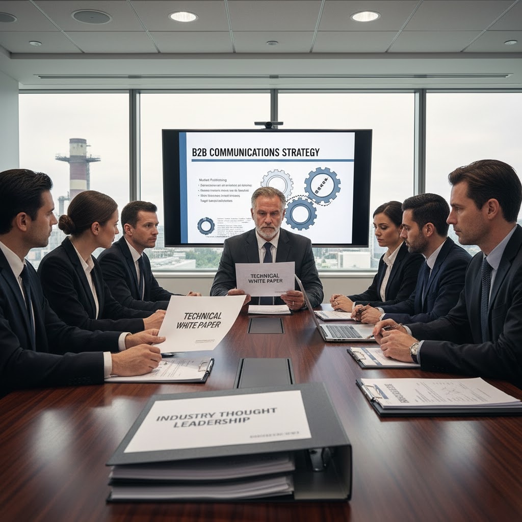 B2B executives discussing trade media PR strategy with consultants.