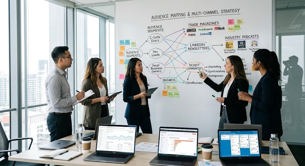 PR team mapping audience media channels and planning multichannel PR strategy.