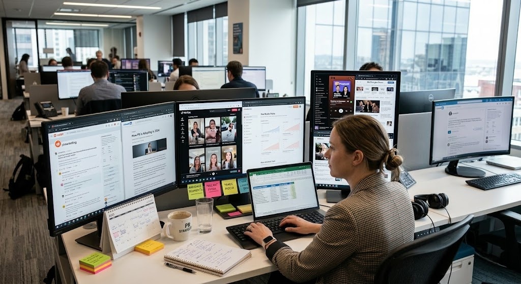 A senior PR consultant presenting a multichannel PR content engine framework on a large screen during a strategy meeting. The slide displays a hub-and-spoke model connecting press releases, podcasts, newsletters, LinkedIn posts, and data visualizations. Colleagues sit around a conference table reviewing campaign timelines and analytics reports. Natural window light, professional documentary photography.
