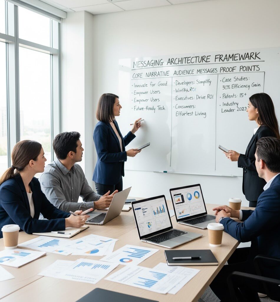 PR strategy team developing messaging architecture for brand repositioning.