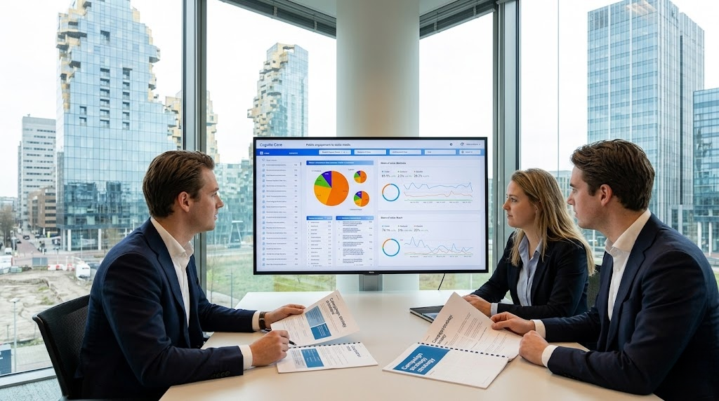 ognito PR agency team in Amsterdam financial district office reviewing the Cognito Core analytics platform on a large screen showing share-of-voice, sentiment, and media coverage data for a fintech client.