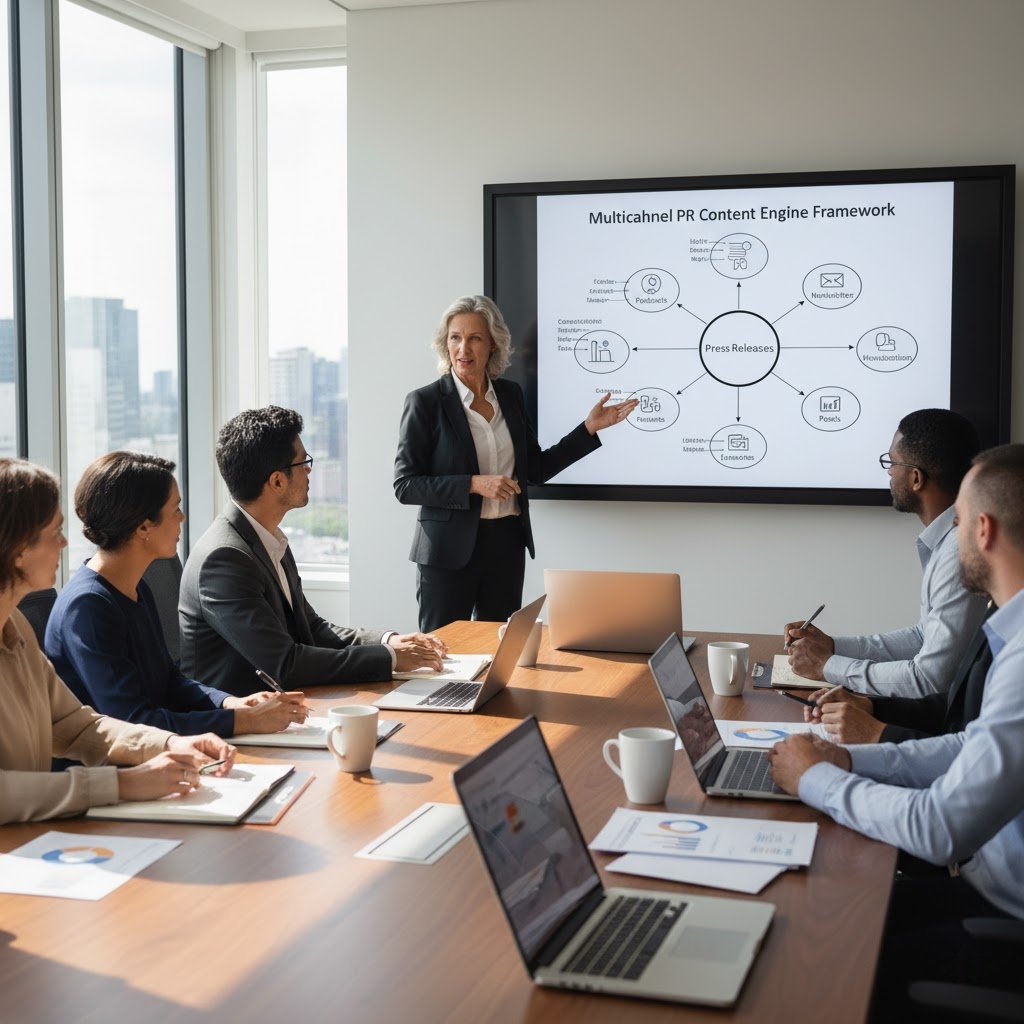 PR consultant presenting a multichannel content hub strategy for earned media.