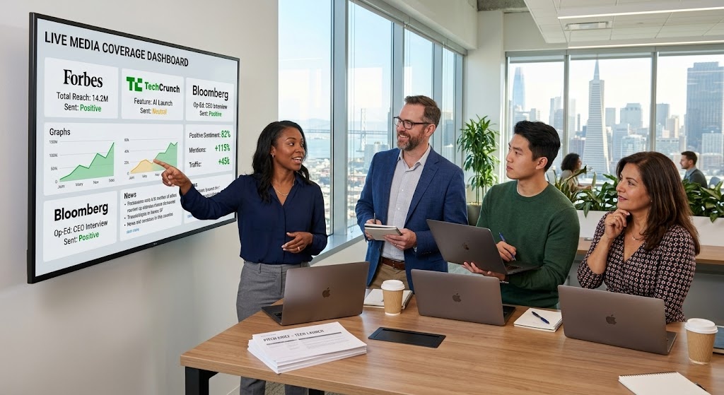 A LaunchSquad-style PR team in a San Francisco agency office reviewing a startup campaign media coverage dashboard on a large screen