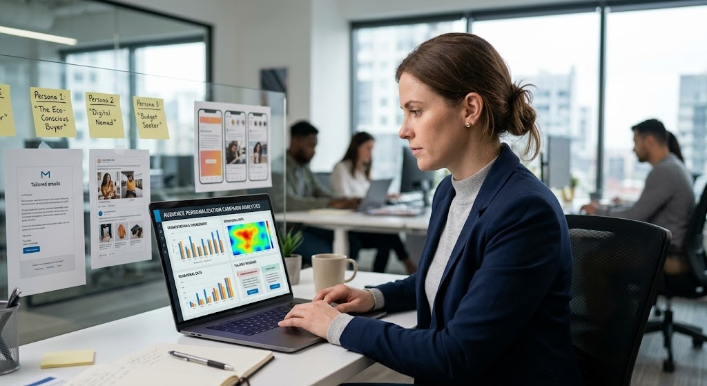 A marketing professional reviewing personalized campaign analytics on a laptop surrounded by audience data visualizations and tailored message mockups
